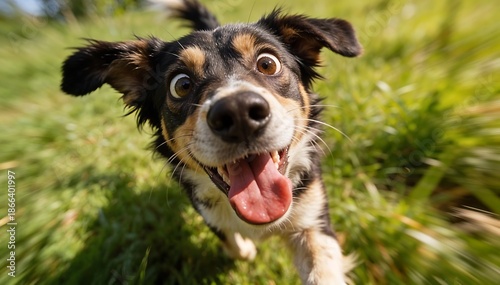 Close-up shot of a crazy dog running towards the camera with a joyful expression in a lush green grassy field with warm tones.