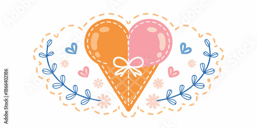 A charming illustration of a dual flavored ice cream cone with floral accents