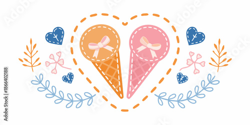 Two ice cream cones forming a heart shape with floral and bow details