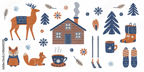 Charming winter scene featuring a cozy cabin deer fox and seasonal elements
