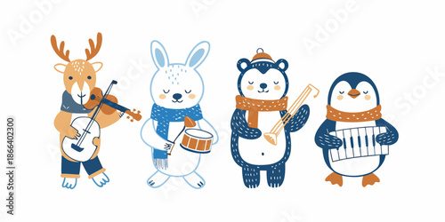 A whimsical illustration of animals playing musical instruments together