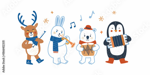 Festive animal musicians playing instruments in a charming winter scene