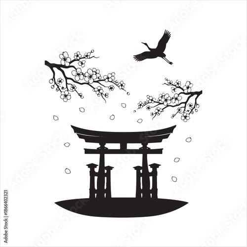 Torii Gate With Birds And Blossoms Silhouette Vector