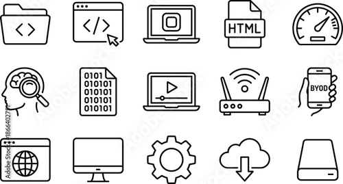 Web Development and Programming Technology Line Icons Set Featuring HTML Coding Folder Cloud Computing Router Laptop Screen Gear And Data Storage