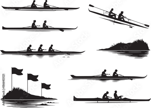 Professional Rowing and Sculling Silhouette Set Icon Bundle Set Line art