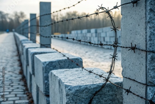 Barbed wire fence with concrete blocks symbolizes Venezuela crisis and US border issues, evoking tension and restriction