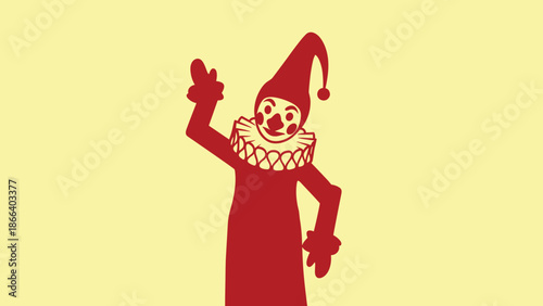 Red Clown Figure with Ruffled Collar and Pointed Hat Waving.