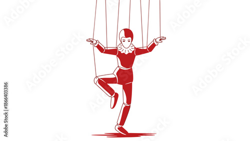 Red Marionette Puppet with Strings on White Background.