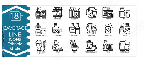 Beverage icons set, drinks, coffee, tea, juice, soda, water, cocktail, refreshment, cafe, bar, menu design, food and drink, professional design editable stroke vector Illustration