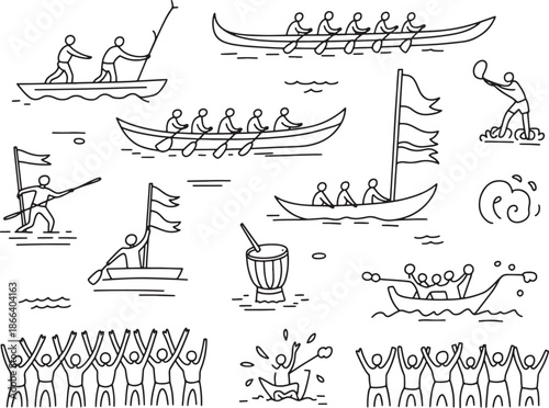 Tribal Water Activity and Canoe Line Art Doodles Icon Bundle Set Line art