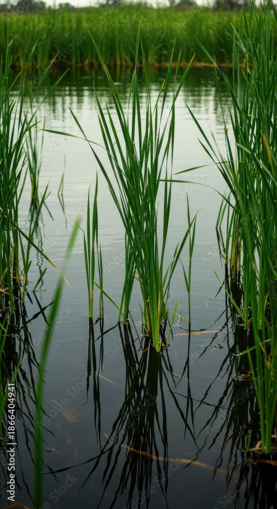 Obraz premium Tall green reeds emerge dramatically from the surface of calm water, creating a tranquil wetland landscape and vibrant natural texture, marsh, fresh, wild