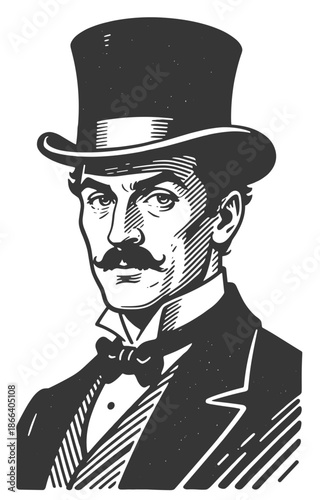 Vintage black and white vector portrait of a sophisticated Victorian gentleman wearing top hat, mustache and bow tie.