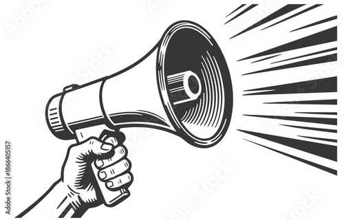 Vintage black and white vector illustration of a hand holding megaphone with sound waves emitting for announcement concept.