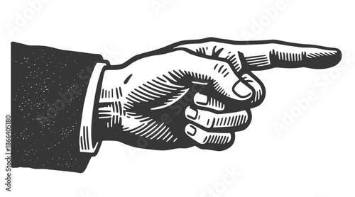 Vintage black and white vector illustration of a hand in suit sleeve pointing directly with index finger.