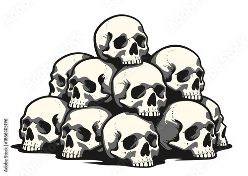 Pile of human skulls stacked in a pyramid formation, dark gothic vector illustration with dramatic shading.