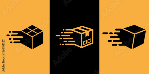 Three stylized icons representing fast shipping and delivery of packages, one black solid, one orange outline, and another black solid, on a split background.
