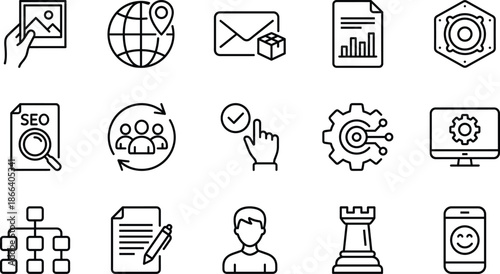 Business Marketing and SEO Line Icons Set Featuring Strategy Chess Piece Data Charts Gear Settings Social Media Global Logistics and Management