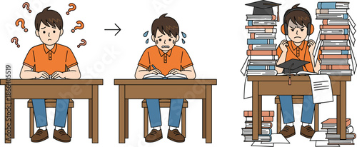 Student learning process illustration showing confusion, stress, and intensive studying stages with books and exams for education, school pressure, and academic progress isolated on white background