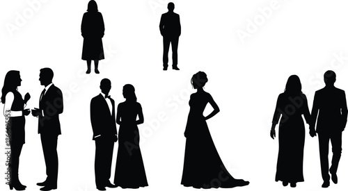 Elegant business and formal people silhouettes set, men and women standing, walking and talking poses, black vector illustration for fashion, corporate and lifestyle design
