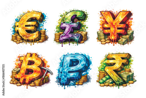 3D graffiti currency symbols with glossy paint drips: euro sign, pound sign, yen sign, bitcoin symbol, ruble sign and rupee sign. Colorful urban vector icons for finance, crypto and money design.