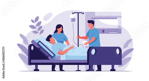 Two compassionate medical professionals caring for a male patient lying in a hospital bed with an intravenous drip for recovery.
