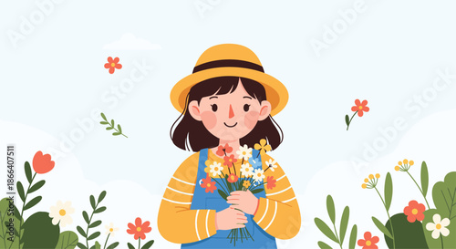 Adorable young girl wearing a hat and overalls standing in a field and holding a freshly picked bouquet of colorful flowers.