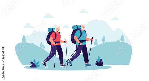 Healthy elderly couple enjoying a mountain hike with backpacks and walking sticks, staying active and adventurous in retirement.
