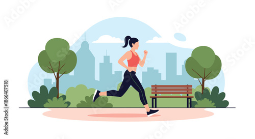 Active young woman in sportswear jogging through a city park for her morning run, promoting a healthy and active lifestyle.