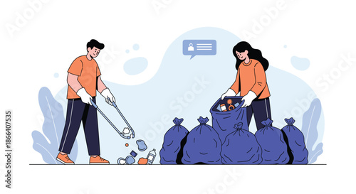 Volunteers working together to clean up the environment, with a man and woman collecting litter into large garbage bags.