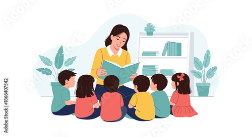 Attentive group of kindergarten children sitting and listening to their female teacher read a story from a large open book.