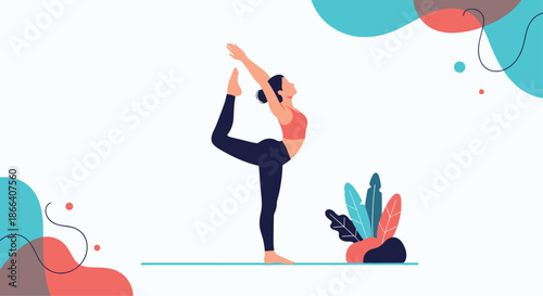 Slender woman in sportswear practicing the Lord of the Dance yoga pose, promoting physical fitness and mental well-being.
