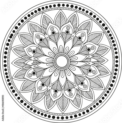 Black and white mandala, teardrop leaf motifs, concentric circular design, symmetrical floral center, mindfulness coloring page, decorative printable artwork
