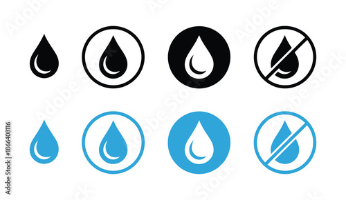 No water drop vector icon, featuring black and blue water drop symbols in circular design, perfect for waterproof surface warnings, safety signage, product labels, instruction manuals