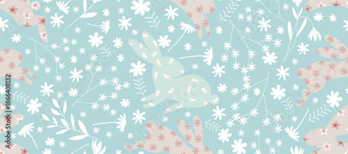 Easter Pattern Seamless,Bunny Rabbit with Floral Background for Paper Design Wrapping Print,Cute animal with flower pattern,Vector illustration art doodle drawing of Hare for wallpaper