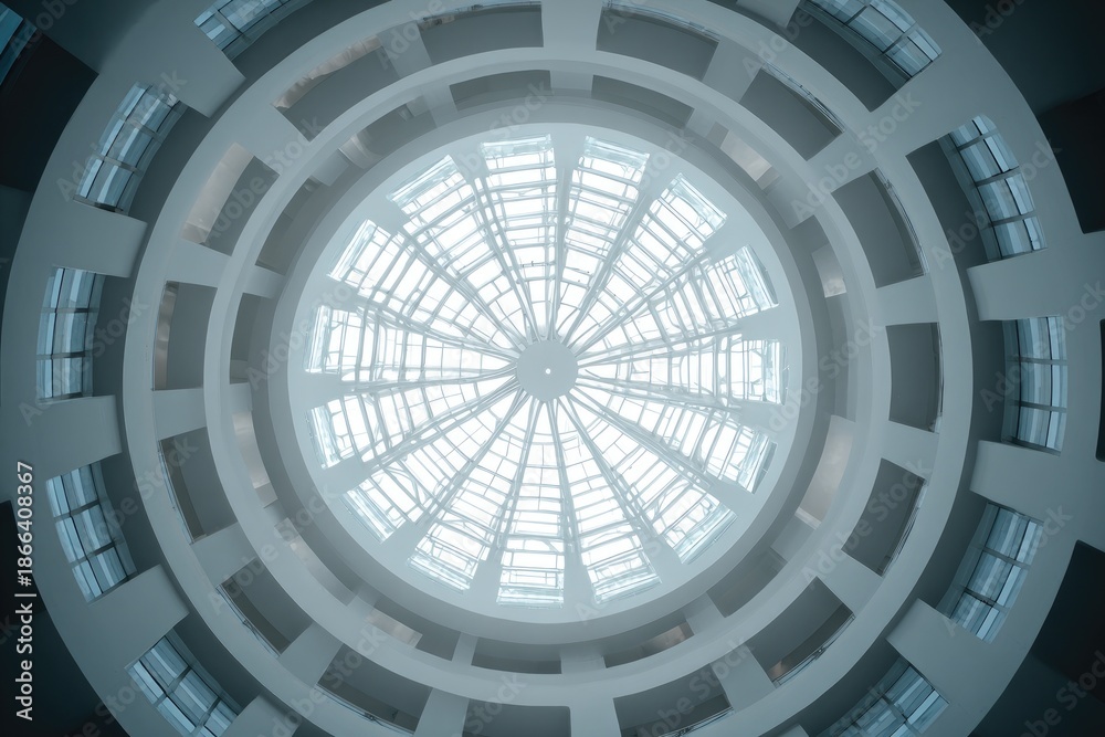 Naklejka premium Looking up at a multi-tiered circular ceiling with glass