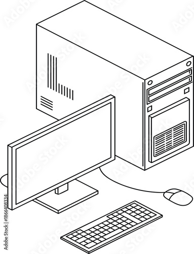 Isometric computer workstation line art illustration with desktop monitor, keyboard, mouse, and system unit tower