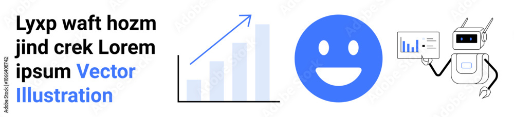 Fototapeta premium Business analytics, automation, technology progression, customer satisfaction, data analysis, digital trends. A graph, smiling face and robot holding report. Business analytics and automation