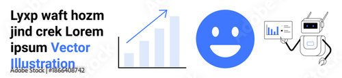 Business analytics, automation, technology progression, customer satisfaction, data analysis, digital trends. A graph, smiling face and robot holding report. Business analytics and automation