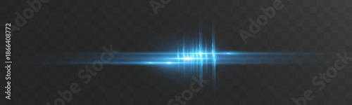 Blue horizontal light flare with glowing streaks and lens effects on transparent background.
