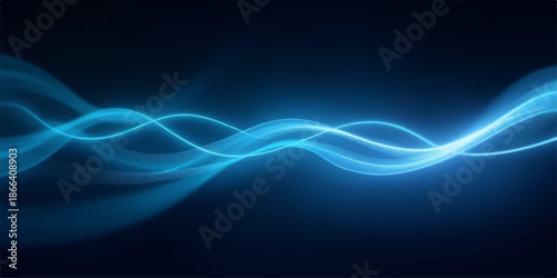 Glowing blue neon wave pattern on dark background with abstract light trails