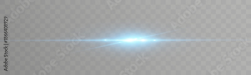 Blue horizontal light flare with glowing streaks and lens effects on transparent background.
