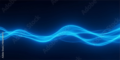 Glowing blue neon wave on dark blue background abstract technology concept