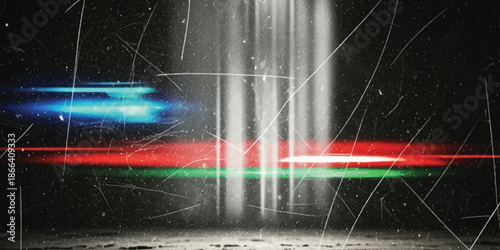 Abstract light composition: vibrant blue, red, green streaks with a vertical beam on grunge texture