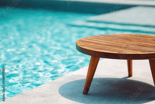 A round wooden table beside a turquoise pool on a sunny day
