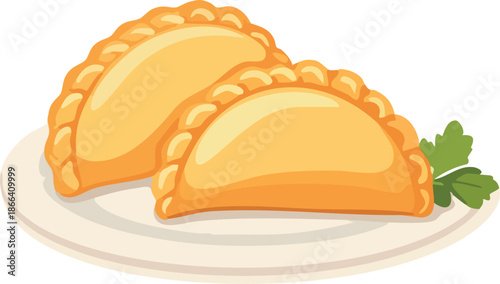 A cute flat-style illustration shows two golden dumplings on a plate with a small green herb garnish, rendered in a bright cartoon food style.