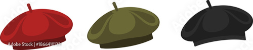 Three colored berets—red, olive green, and black—displayed side by side for fashion, military, and cultural vector illustration content.
