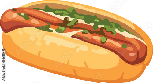 A colorful flat illustration shows a hot dog in a soft bun topped with creamy sauce and fresh green herbs.