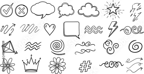 Hand Drawn Doodle Icons and Symbols Set with Sketch Lines and Decorative Elements Vector