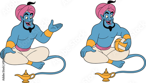 Cartoon genies with magic lamps in whimsical fantasy setting, ideal for folklore, storytelling, and magical character vector illustration content.