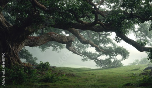 Majestic, ancient tree with sprawling branches, overlooking a misty, grassy field